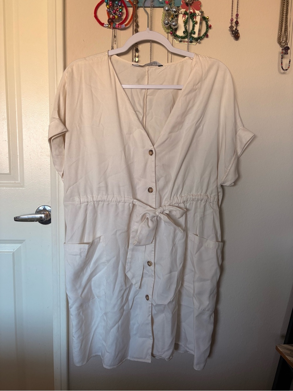 Relaxed Tie-Waist Button-Front Women's Dress in Cream